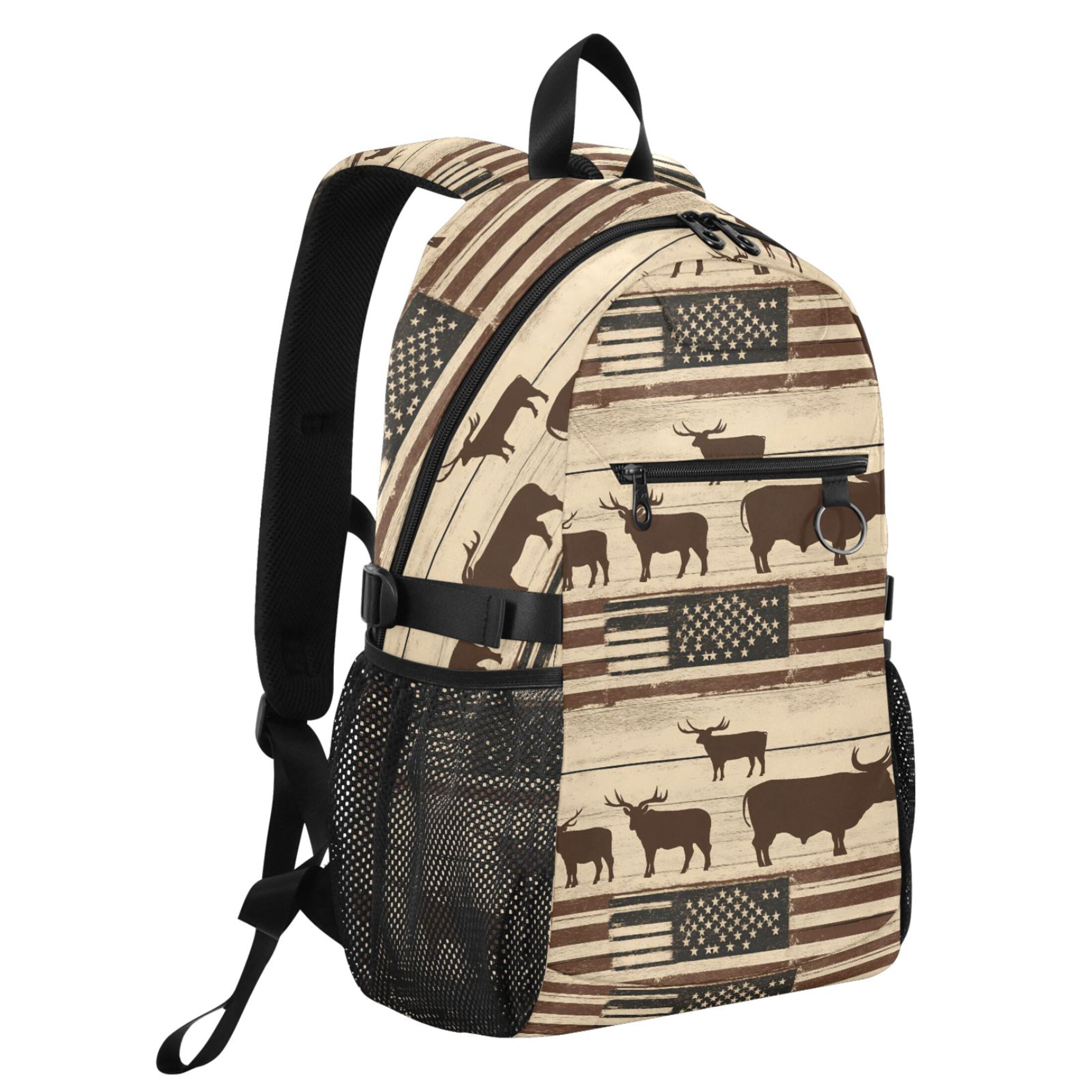 JIALIOU 14" Laptop Backpack Waterproof Airline Approved Stylish Casual Daypack for Travel Business College Work, American Flag and Cow