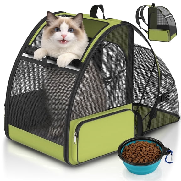 Cat Carrier Backpack Expandable Breathable Pet Carrier for Large Cat Puppy Outdoor Travel Pet Backpack with Vantilated Mesh, Green