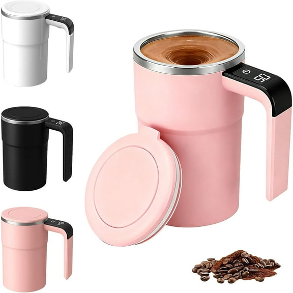 BGZLEU SpinBrew Mug – Self-Stirring Magnetic Coffee Cup with Temp Display (White)