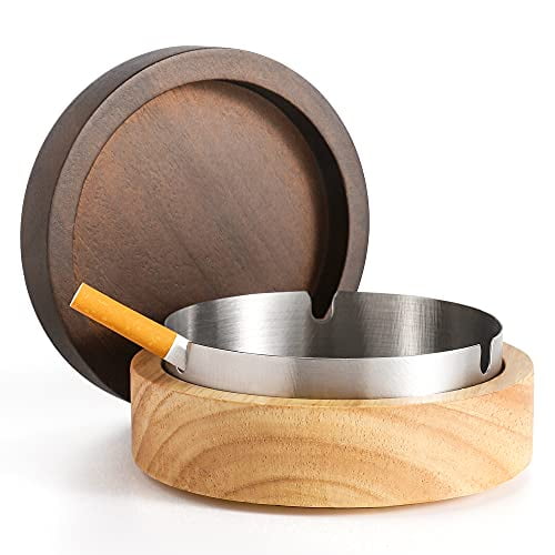 Wooden Ashtray with Stainless Steel Lid - Portable  Windproof  Decorative Ashtray for Home  Patio  Office  Outdoors  Indoor  Parties