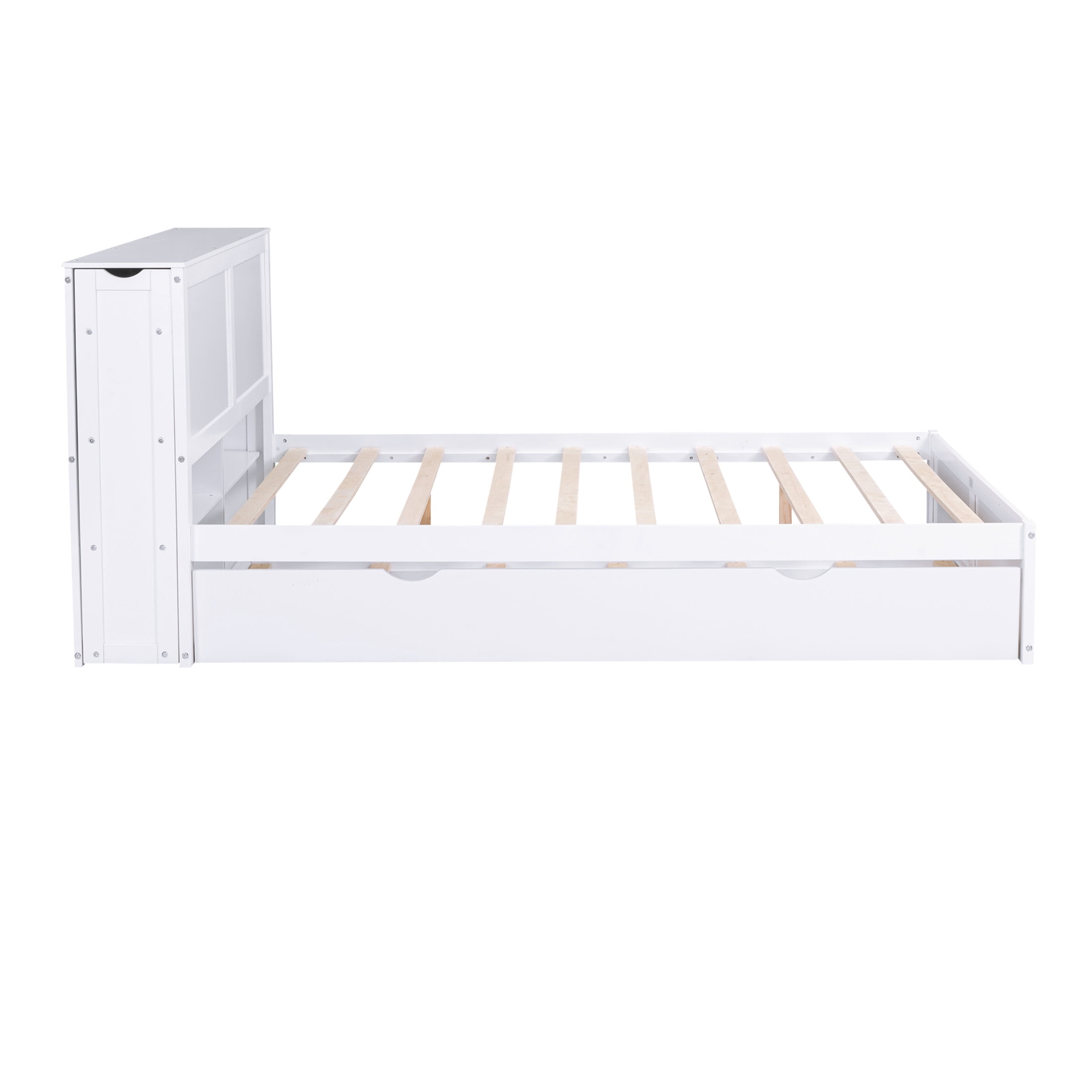 Noble House Fenfi Queen Size Storage Platform Bed with Pull Out Shelves and Twin Trundle, Solid Pine Wood Frame, White