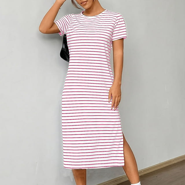 Ovzne Robes Grande Taille pour Femmes Rondes Robe d'Été Mode Femmes Été Poche Décontractée Robe Unie Col Rond Manches Courtes Robe de Vacances Manches Courtes Liquidation