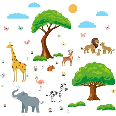 Colorful Forest Animals Wall Decal Giraffe Elephant Lion Zebra Wall Stickers Tree Sun Clouds Wall Art for Nursery Room Children's Room Kindergarten Decoration