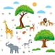 thumbnail image 1 of Calcomanía de pared de animales del bosque coloridos, jirafa, elefante, león, cebra, árbol, sol, nubes, arte de pared para habitación infantil, decoración de jardín de infancia, 1 of 9