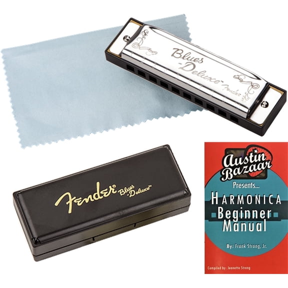 Fender Blues Deluxe Harmonica - Key of C Bundle with Carrying Case, Austin Bazaar Online Manual, and Polishing Cloth