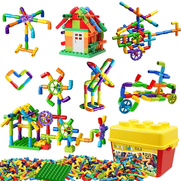 burgkidz STEM Learning Pipe Tube Toy, Sensory Toys, Tube Locks Construction Building Blocks, Educational STEM Building Learning Toys with Wheels Baseplate for All Ages Ki