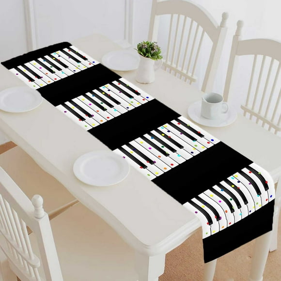 YUSDECOR Grand Chemin de Table Blanc et Noir à Touches Musicales avec Confettis en Coton et Lin Fournitures de Cuisine et Salle à Manger Taille 16x72 Pouces
