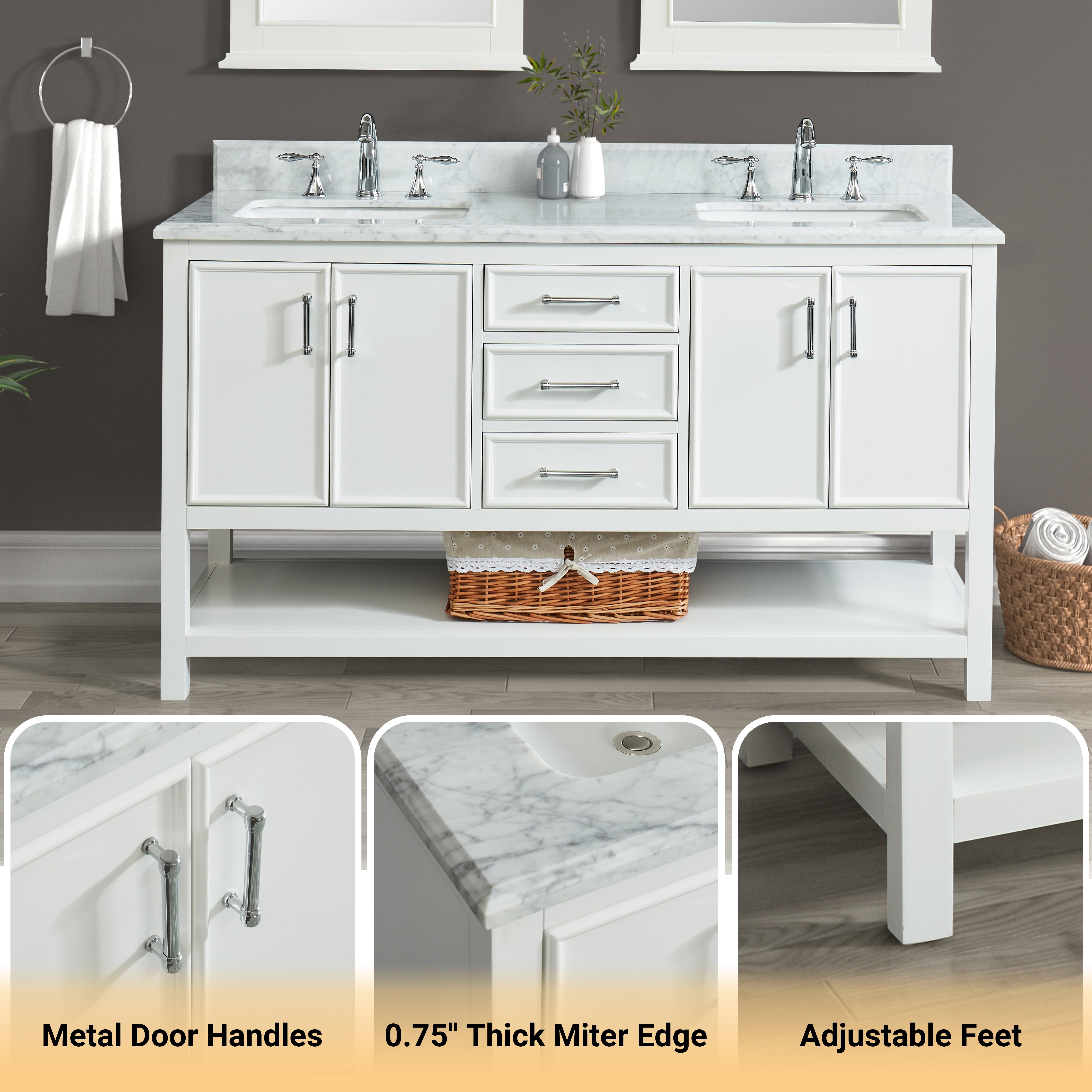 Manhattan 30" Single Bathroom Vanity, 31" W x 22" D x 34.5" H, Carrara Marble Top with Sink & Backsplash, Dove White, Solid Wood, Pre-Assembled, 3 Soft-Close Drawers, 1 Shelf