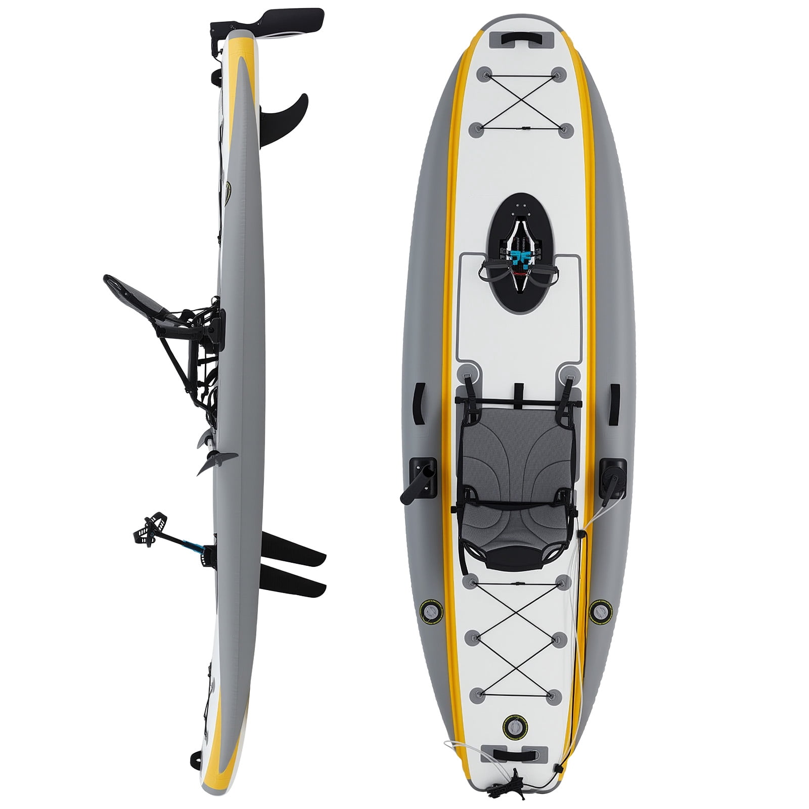 Bezliving 12ft Inflatable Kayak with Pedal System, Lightweight & Portable with Aluminum Seat, Rudder System, and Accessories Included, Yellow & Grey
