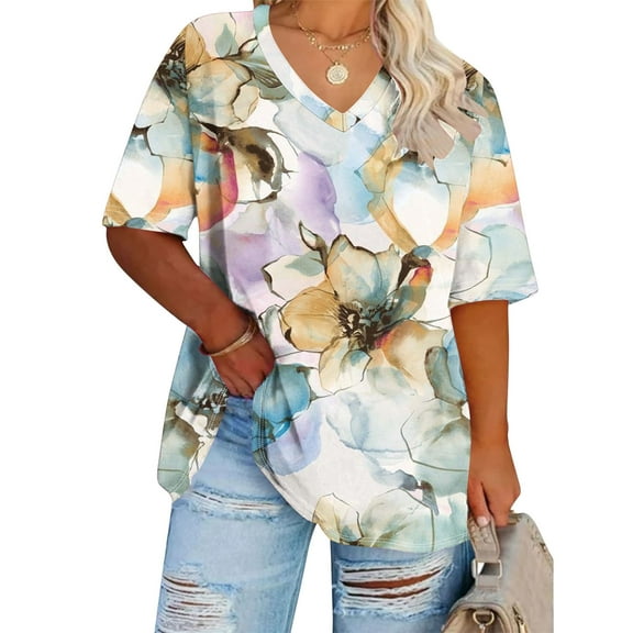 Summer Plus Size Tops For Women Causal Flower Printing Loose Short Sleeve V-Neck Pullover Blouse T-Shirt Oversized Women Shirts Under $8 White XXXXL