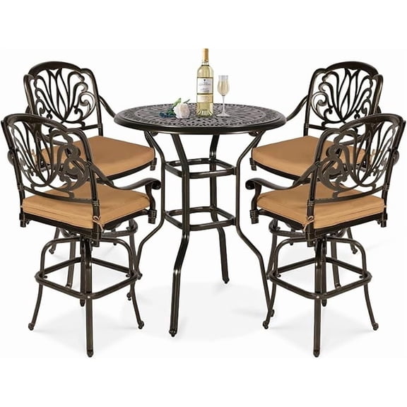 W WARMHOL 5 Pieces Patio Swivel Bar Set, Patio Bar Table and Chairs Set, All-Weather Cast Aluminum Outdoor Swivel Bar Stools of 4 and 35.4" Bar Height Table, High Top Bistro Set for Deck, Garden