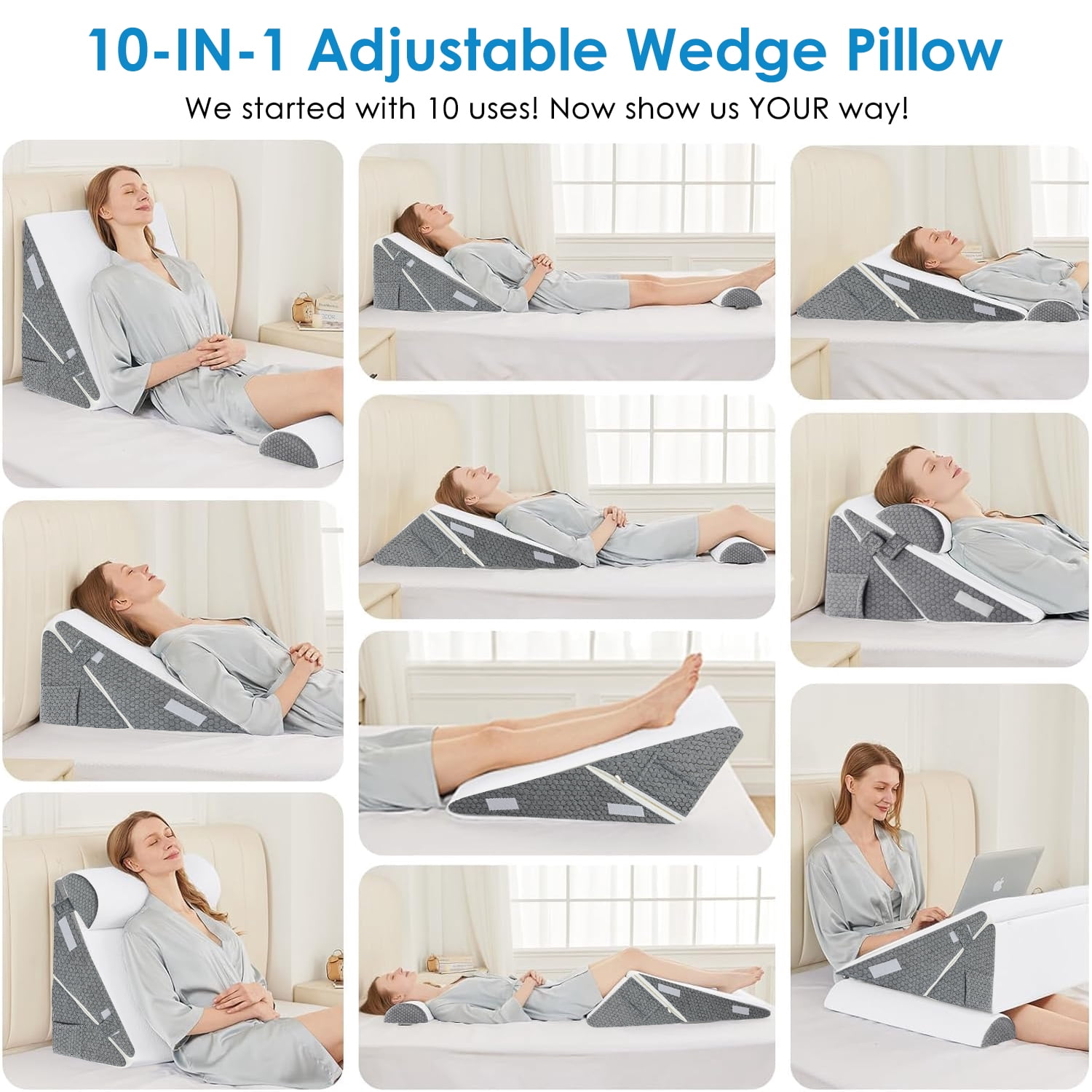 WANALIT Wedge Pillow for Sleep Apnea, Adjustable Wedge Pillow Headboard, Bed Wedge Pillow for Acid Reflux and Back Pain Relief, Pillow Wedge for Sleeping with Neck Support Pillow, White & Grey