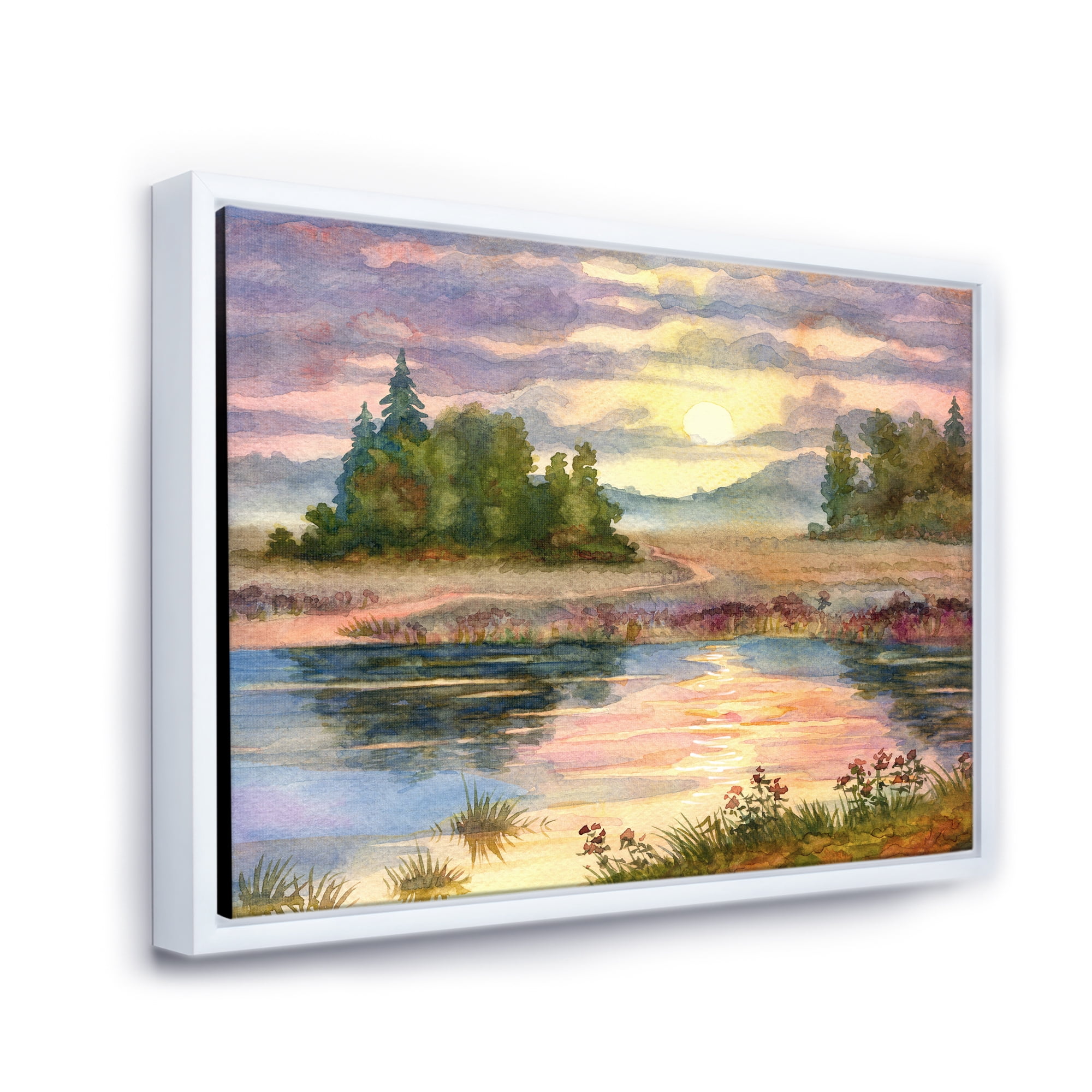 The Rural Lake In Sunset Evening I 32 in x 24 in Framed Painting Canvas Art Print, by Designart