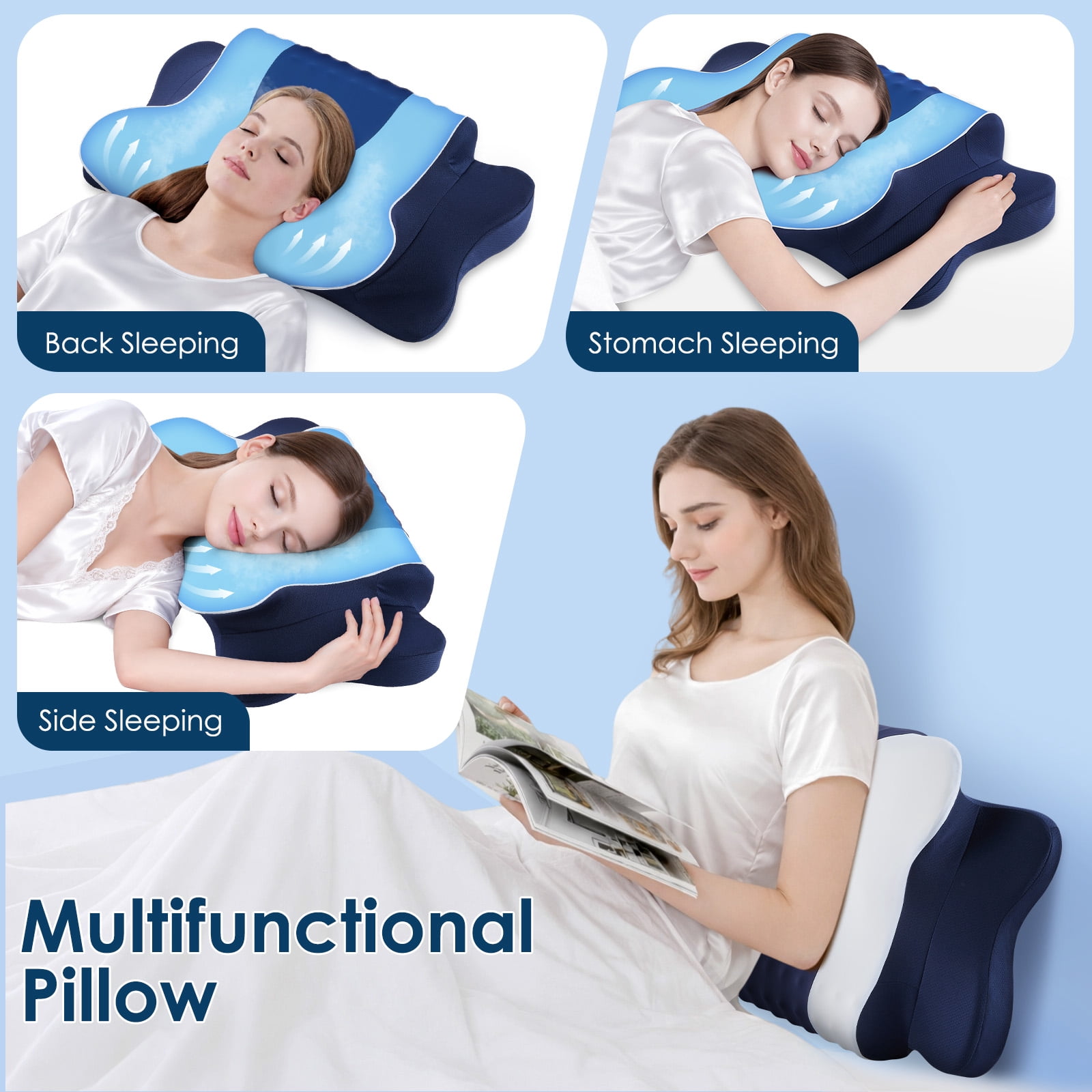 DONAMA Cervical Neck Pillow for Pain Relief Sleeping, Memory Foam Pillow Neck Pillow Bed Pillow with Pillowcase for Side Back and Stomach Sleepers, Blue and White