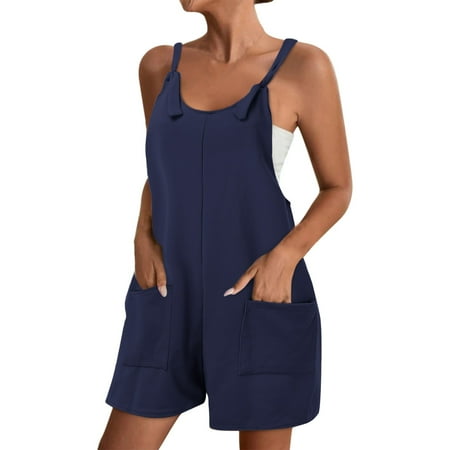 

Women s Tie Shoulder Overall Shorts Scoop Neck Romper Jumpsuit With Pocket