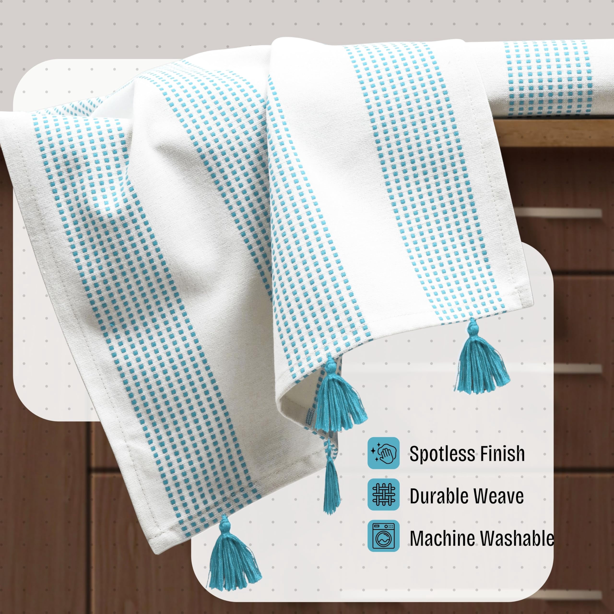 HEIRLOOM COMFORT Aqua Blue Decorative Dotted Kitchen Towels 16x26 Inch, 3 Pack, Super Absorbent, Soft, 100% Cotton Dish Towels with Tassels, Quick-Dry Dishcloths for Everyday Use and Cleaning Dishes