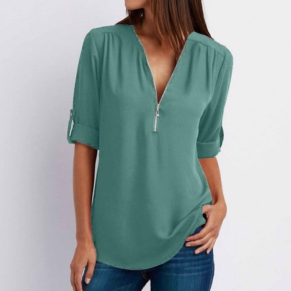 BadyminCSL Women's Summer Long Sleeve Shirts Zip Casual Tunic V-Neck Rollable Blouse Tops
