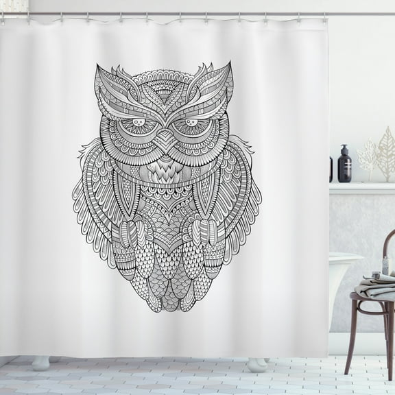Ambesonne Vintage Tribal Shower Curtain, Zentangle Owl, 69"Wx70"L, Coconut Charcoal Grey