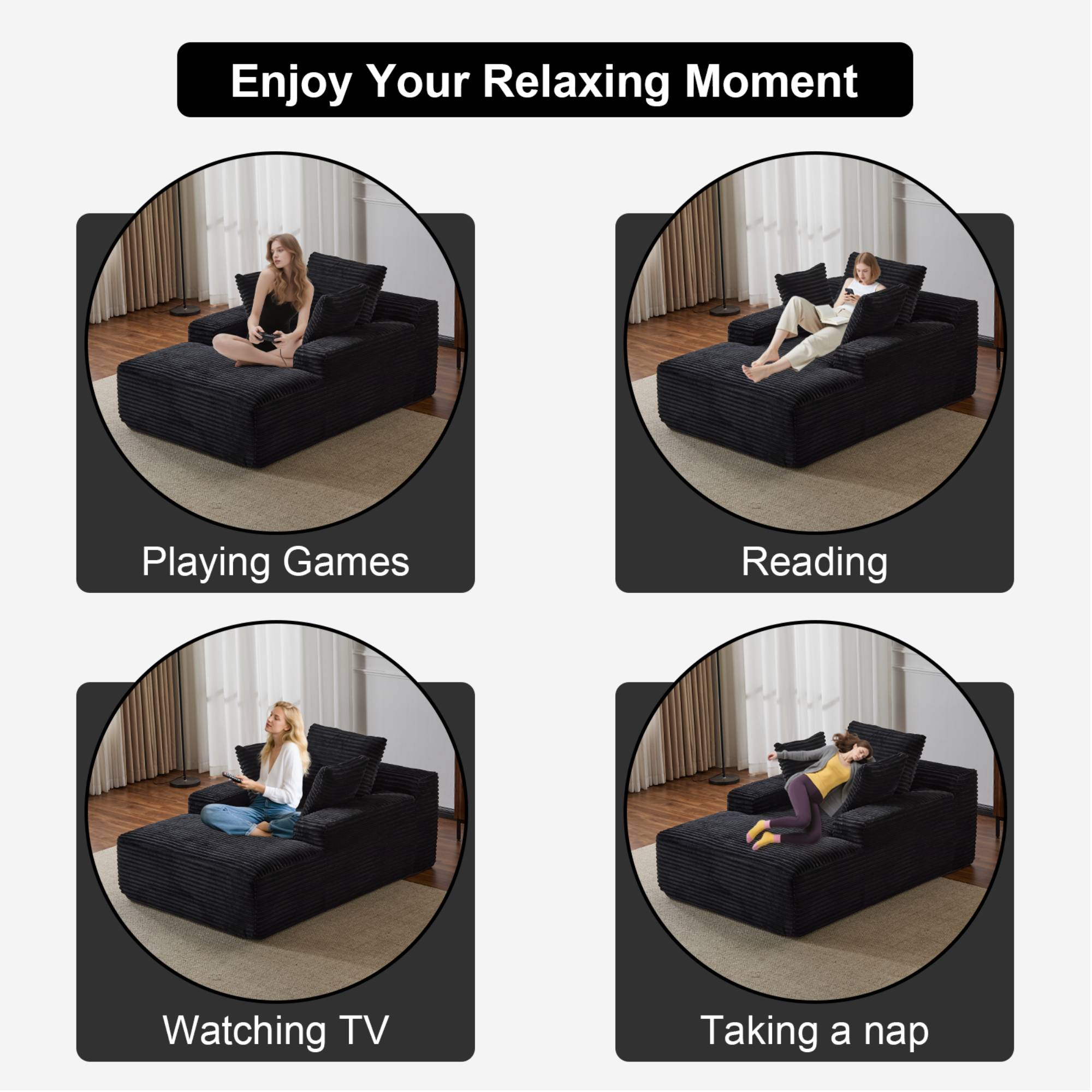 Oversized Chaise Lounge Sofa Chair, Comfy Cloud Sofa Bed, Sleeper Couch with Throw Pillows or Living Room, Black