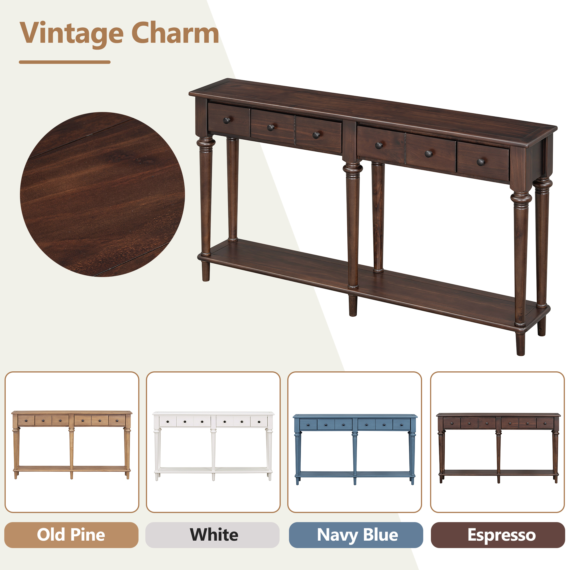 EUROCO 59.8" Solid Wood Console Table,Retro Long Sofa Table Entryway Table with 4 Drawers and Bottom Shelf for Hallway Living Room,Espresso