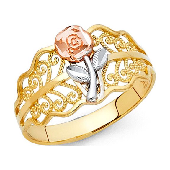 14k Tri Color Italian Solid Gold Abstract Leaves Flower Ring 11mm