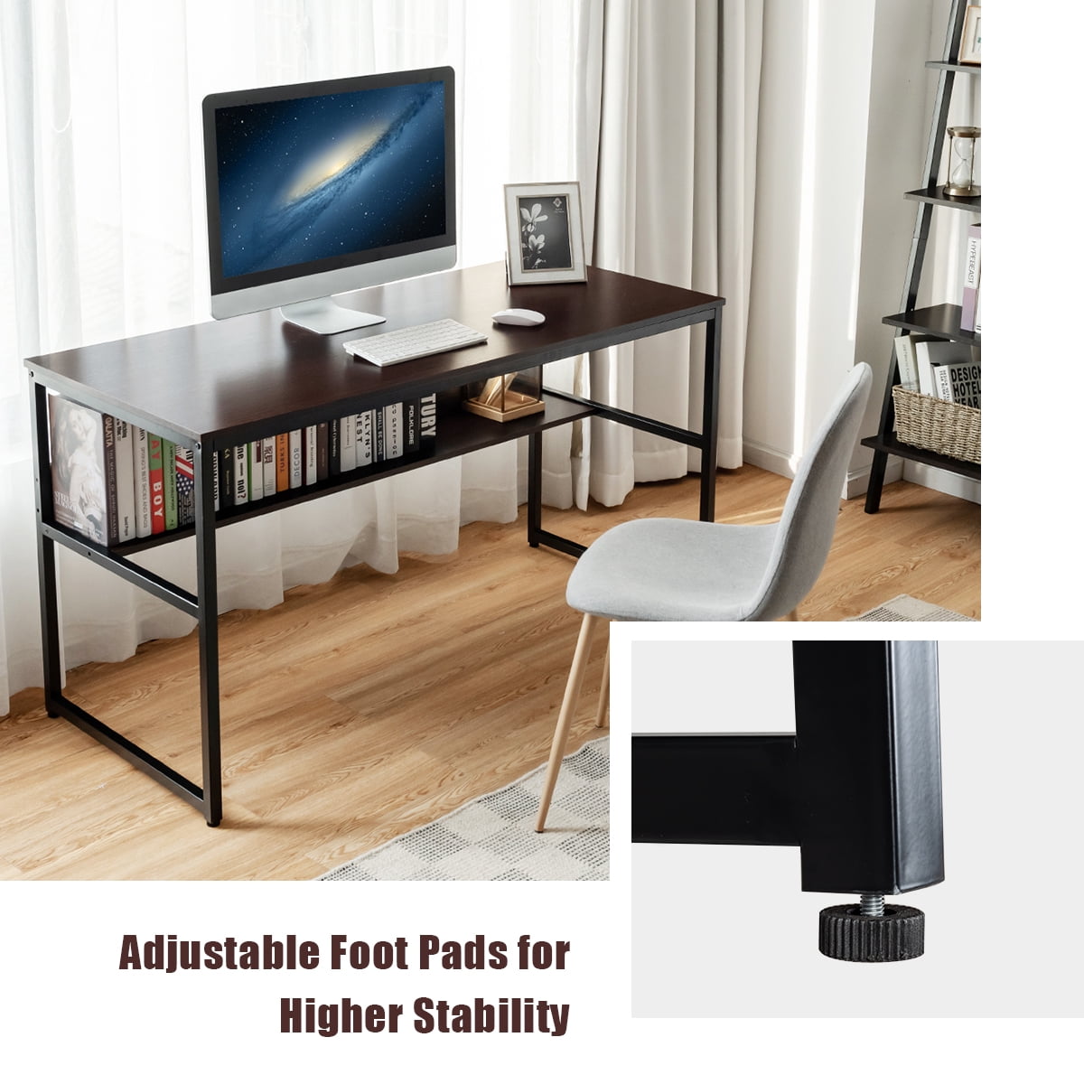 Costway 55'' Industrial Computer Desk  w/ Storage Shelf  Adjustable Foot Pads Home Office Coffee