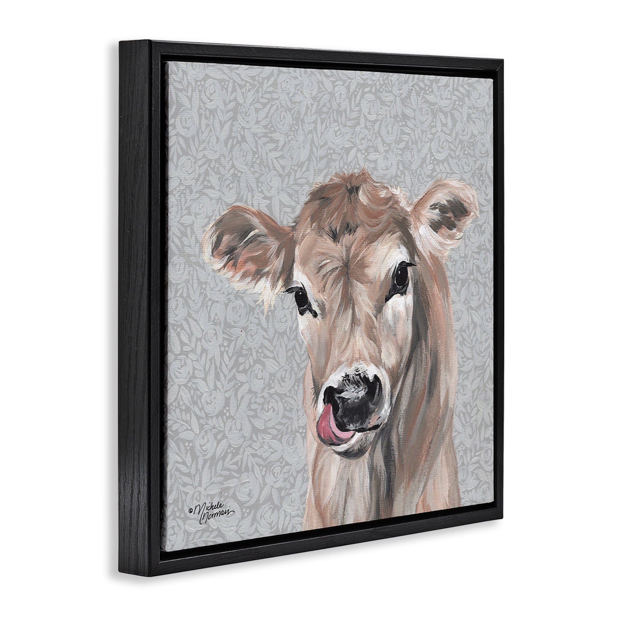 Stupell Industries Young Calf Portrait on Floral Animals & Insects Painting Black Floater Framed Canvas Art Print Wall Art, 18 x 18