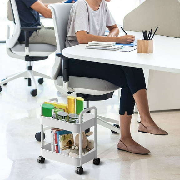 2 Tier Rolling Storage Cart with Wheels Multi Room Plastic Organizer for Kitchen Living Room Office and Bathroom with Drainage Basket and Stylish Design White