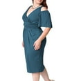 thumbnail image 5 of Uhndy Women Plus Size Sexy Stretch Dress Off Shoulder Wrap Sweetheart Party Midi Dresses Comfort Soft Short Sleeve Pleted Belt Dress green 4XL, 5 of 6