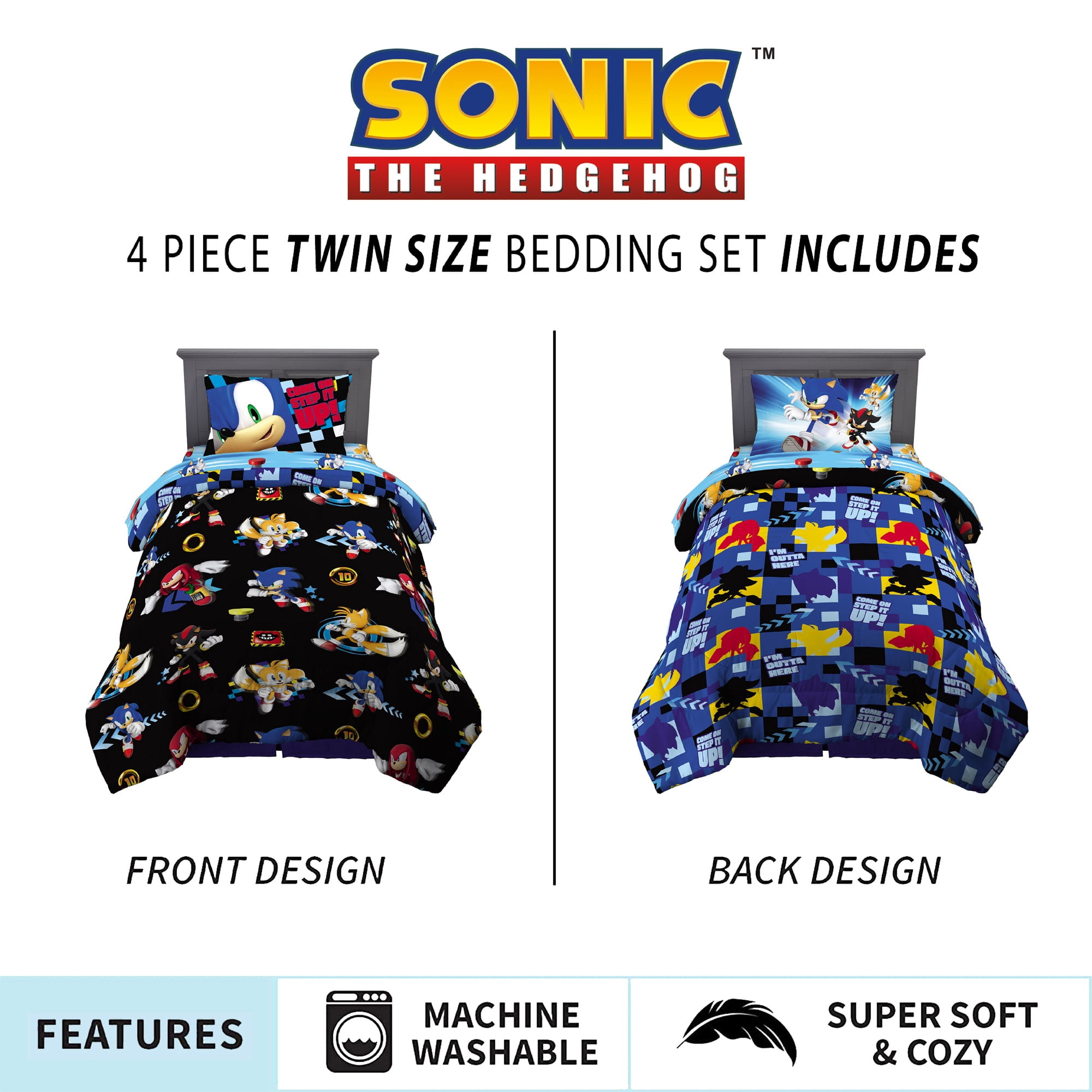 Sonic the Hedgehog Kids Twin Bed in a Bag, Gaming Bedding, Comforter and Sheets, Sega
