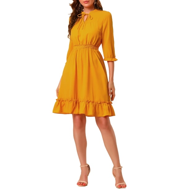 INSPIRE CHIC Vestido A-Line de Chifón con Volantes en Capa y Mangas 3/4 para Mujeres en Amarillo