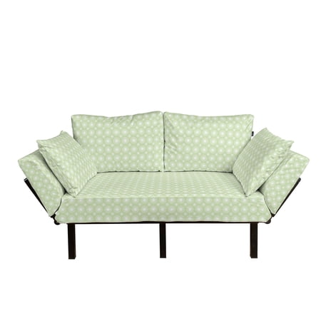 Floral Futon Couch  Geometric Ornamental Flowers on Green Background Symmetrical Pattern  Daybed with Metal Frame Upholstered Sofa for Living Dorm  Loveseat  Pistachio Green White  by Ambesonne
