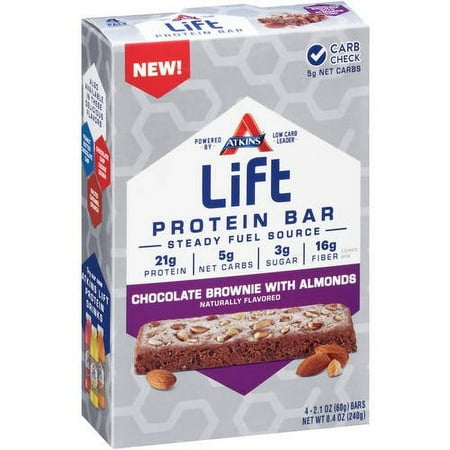 Atkins Lift Chocolate Brownie with Almonds Protein Bars, 2.1 oz, 4 count