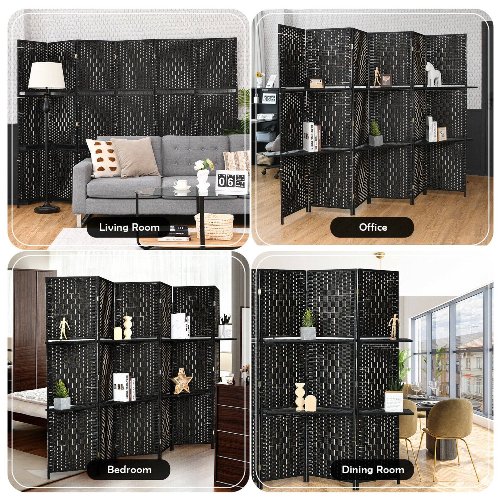 Gymax 6 Panel Folding Room Divider 6Ft Weave Fiber Privacy Screen W/ 2 Display Shelves Black