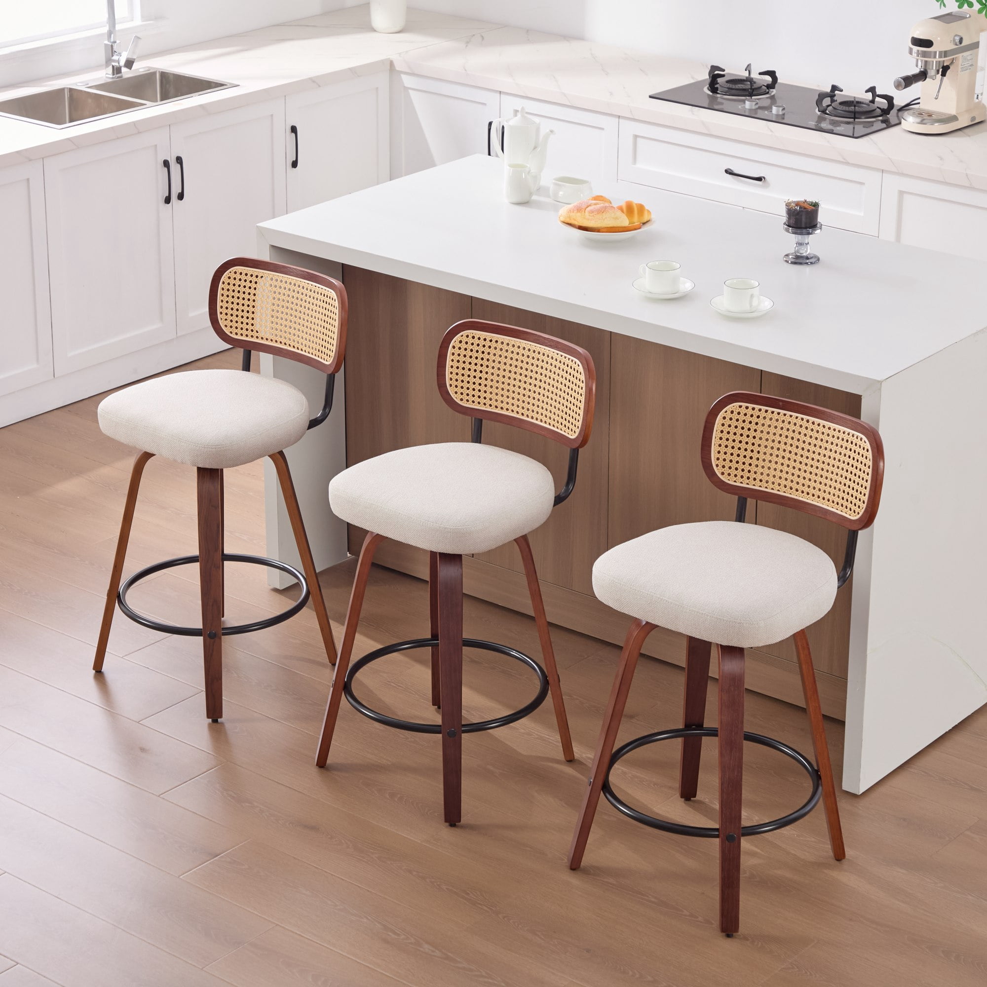 Oufan Swivel Bar Stools Set of 3, Wooden Counter Height Bar Chairs w/ Upholstered Seat & Rattan Backrest, Farmhouse Barstool for Kitchen Island,Cafe