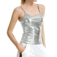 thumbnail image 2 of Women's Shiny Metallic Strappy Sleeveless Loose Fit Tank Top Breathable Lightweight Night Out Cami Shirts Sparkle Casual Party Blouses , #02 Silver, XL, 2 of 4