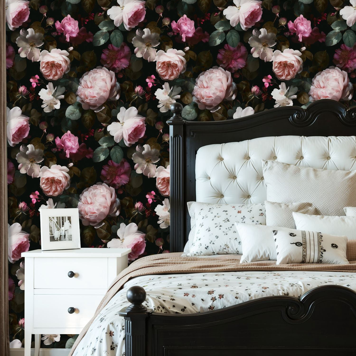 Peel and Stick Wallpaper Soft Pink Roses Delicate White Flowers Dark Wall Mural 23.6in x 9.8ft Self Adhesive Removable Wall Paper Renter Friendly Wallpaper for Nursery Bedroom Cabinets