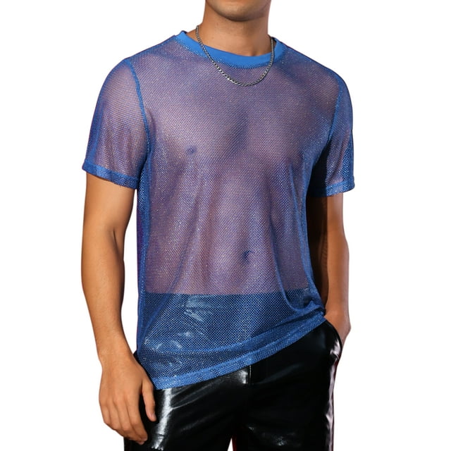 Camiseta de Malla Brillante INSPIRE CHIC para Hombre, Cuello Redondo, Manga Corta, Transparente, Tops de Fiesta