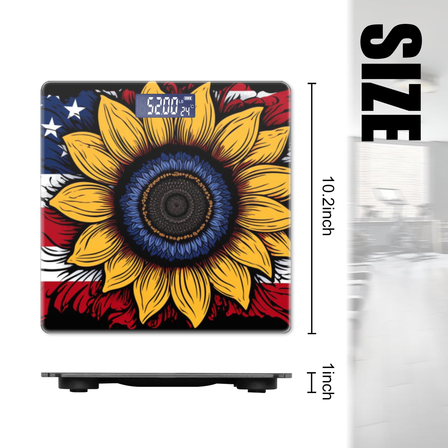 High Precision Body Weight Scale Smart Bathroom Scales with Large LCD Display(400lbs),Decorative for Bedroom-Sunflower Design With American Flag Integrated