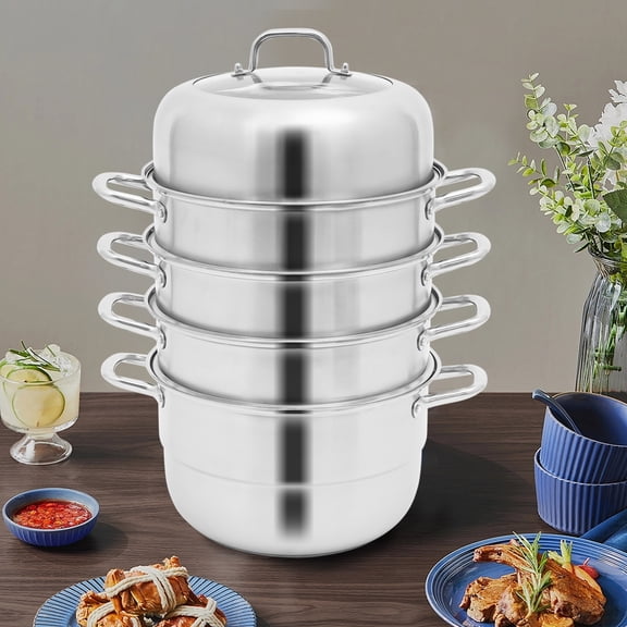 5 Tiers 304 Stainless Steel Steamer, Large Pot with 3 Steamed Compartments and 2 Steamed Slices for Various Types of Stoves
