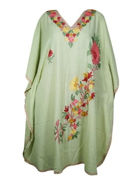 Mogul Women Mint Green Floral Caftan Dress V-Neck Kimono Resort Wear Mid Length Cover Up Resort Wear Kaftan 2XL