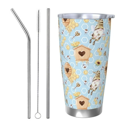 

KLL Cute Gnome Bee Collects Honey Print 40oz Stainless Steel Insulated Car Cup with Spillproof Lid - Keep Your Drink Hot or Cold on the Go-Straw Three-piece Set
