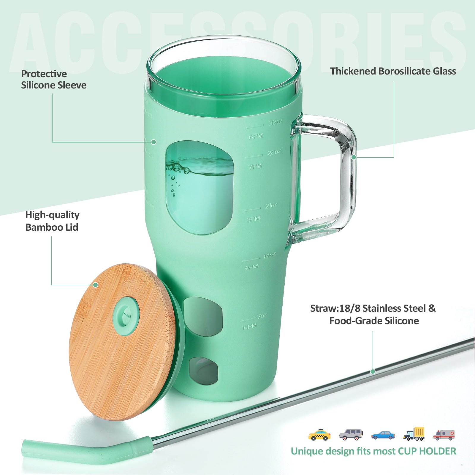 MUKOKO 32 oz Glass Tumbler , Glass Water Bottle with Capacity Marker and Silicone Sleeve, Iced Coffee Drinking Cup with Straw and Lid, Leakproof Suitable for Cup Holders, Green