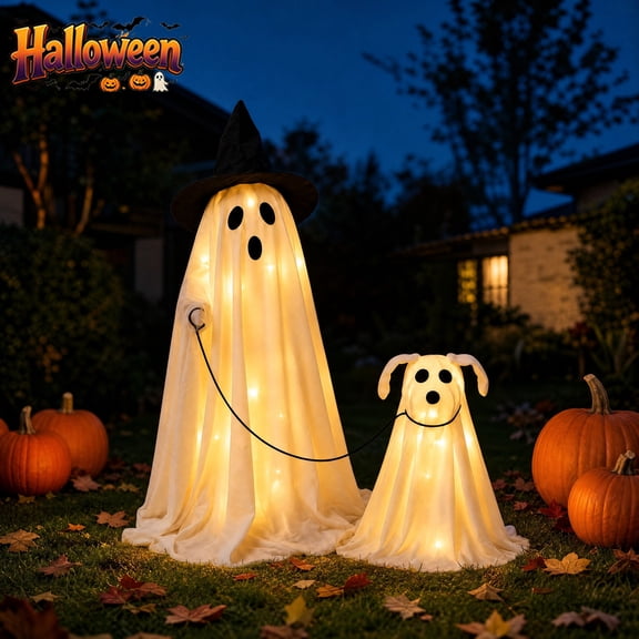2 Pack Light Up Witch Ghost Walking Dog Set,Battery Operated Soft Fabric Standing Ghost Figurines, Indoor Outdoor Fall Halloween Porch Yard Mantel Living Room Spooky Seasonal Party Decor Holiday Gift