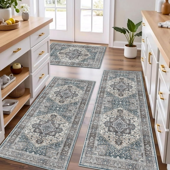 TECHVIDA Kitchen Rugs Set 3 Piece,Non Slip Machine Washable Kitchen Rug,Boho Vintage Abstract Kitchen Carpet for Hallway Rug