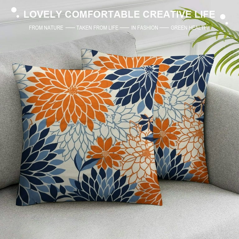 WENZZ Navy Blue Burnt Orange Pillow Covers Fall Colored Dahlia Flower Throw Pillows Case Autumn Decorative Square Cushion Covers Farmhouse Outdoor Decor for Home Couch Sofa Bed Walmart