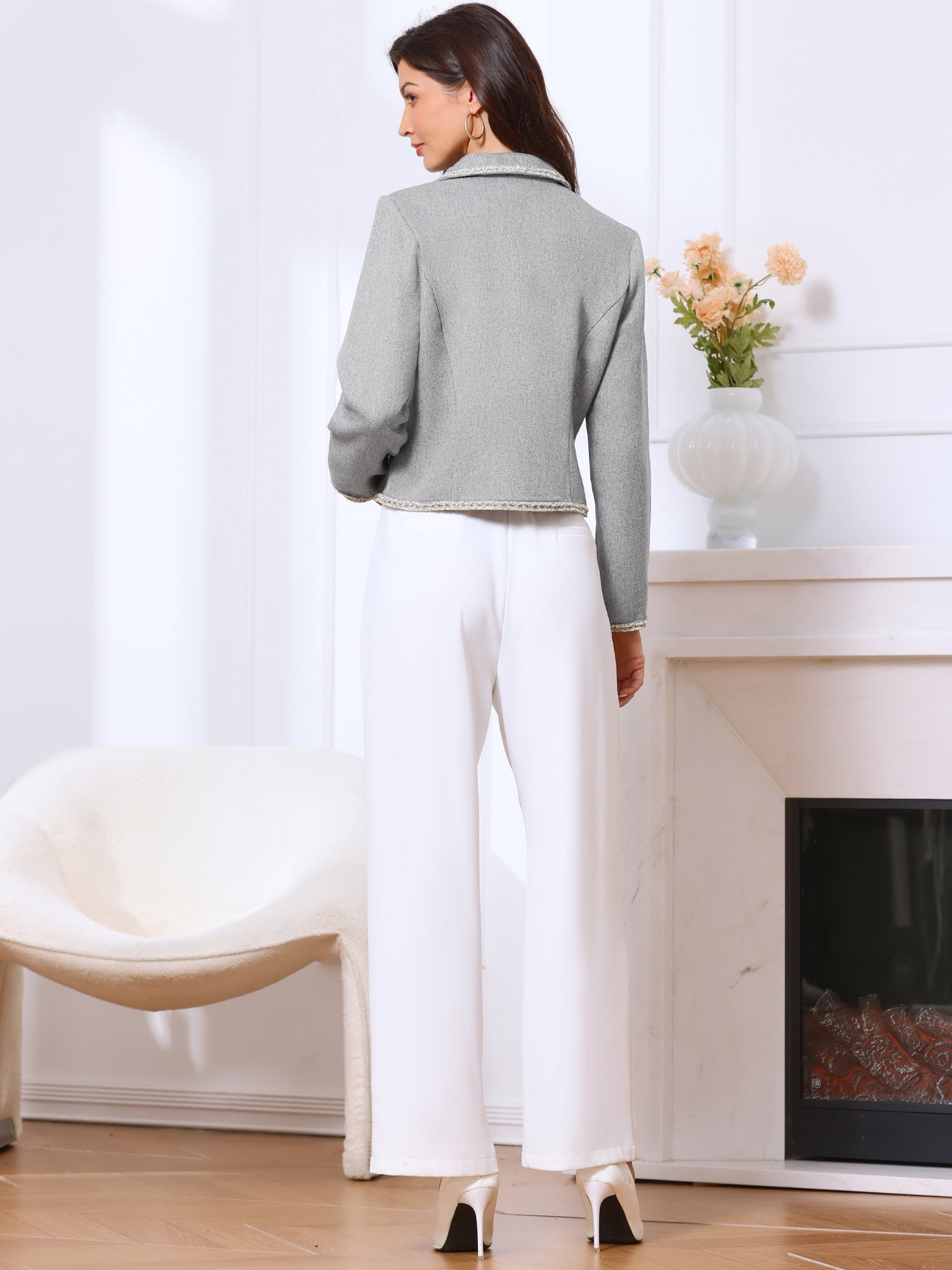 DARING DIVA Women's Vintage Notched Lapel Long Sleeve Cropped Blazer M Gray