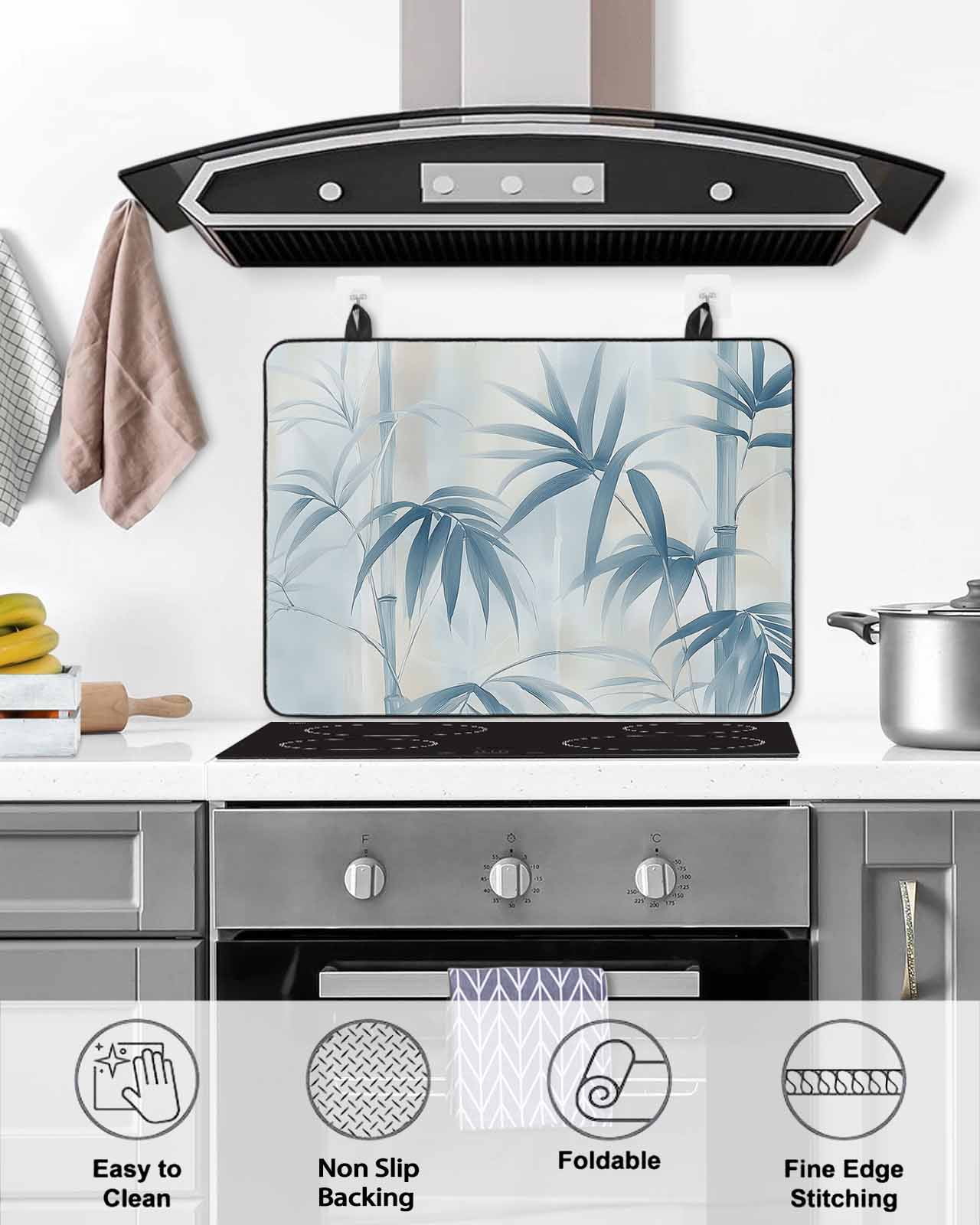 nqOlkjepod Large Induction Cooktop Protector Mat 36"x21", Vintage Botanical Stove Top Covers for Electric Stove, Blue Watercolor Leaves Branch Stove Burner Cover Mats, Glass Top Stove Cover