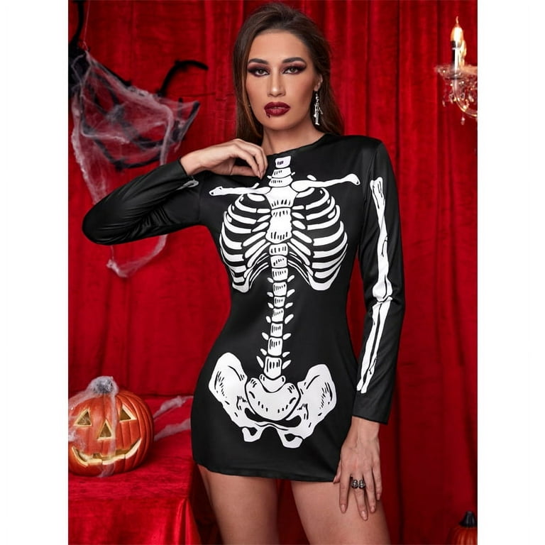 Women's Halloween Skeleton Dress Costume Female Sexy Skull Pattern Long  Sleeve Stretchy Short Mini Dresses Lady Cosplay Party Game Festival Stage  Performance Fancy Dress up - Walmart.com