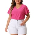 thumbnail image 1 of Blusa de manga acampanada de talla grande para mujer Agnes Orinda, escote en V, camiseta hueca de primavera y verano, 2X, rosa intenso, 1 of 5